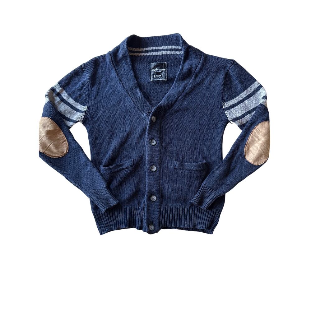 Seduka Jeans Joe Dahan Mens L Navy Varsity Cardigan Sweater Elbow Patches